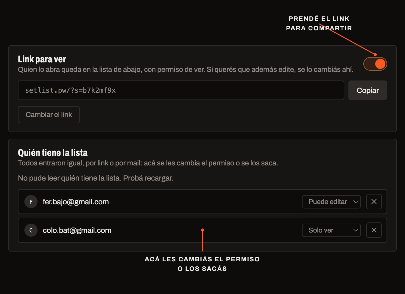 El panel de Compartir: el link para ver prendido y la lista de quién la tiene, con sus permisos