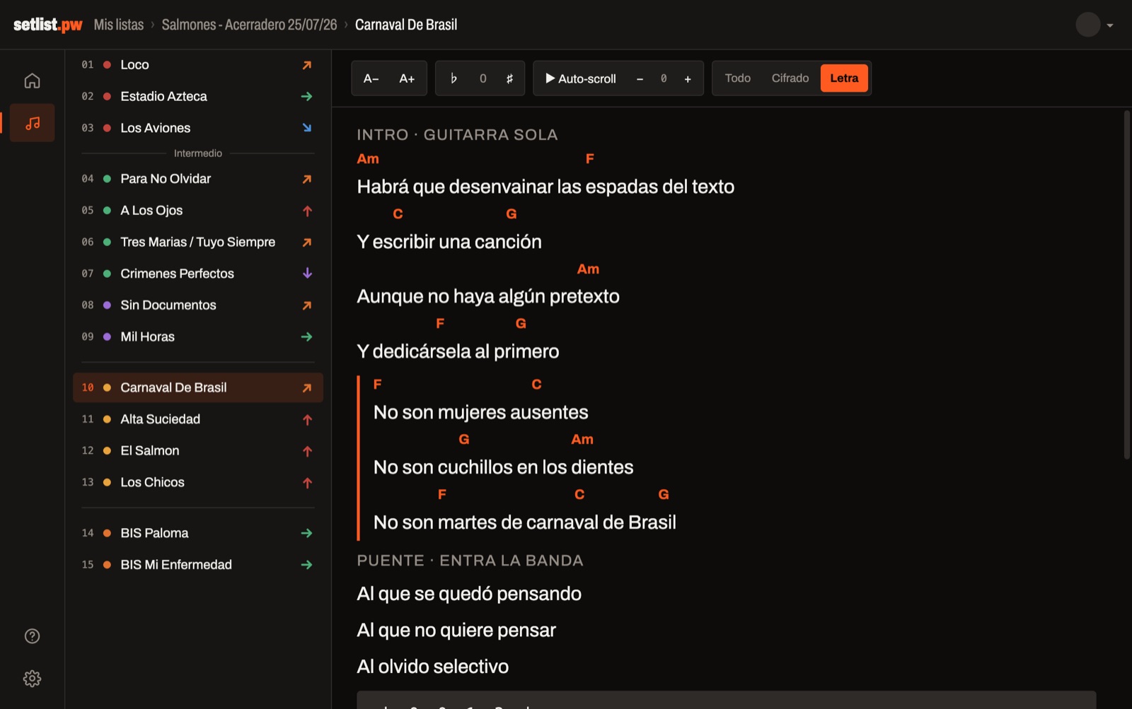 La vista Letra: la canción con los acordes arriba y el estribillo marcado